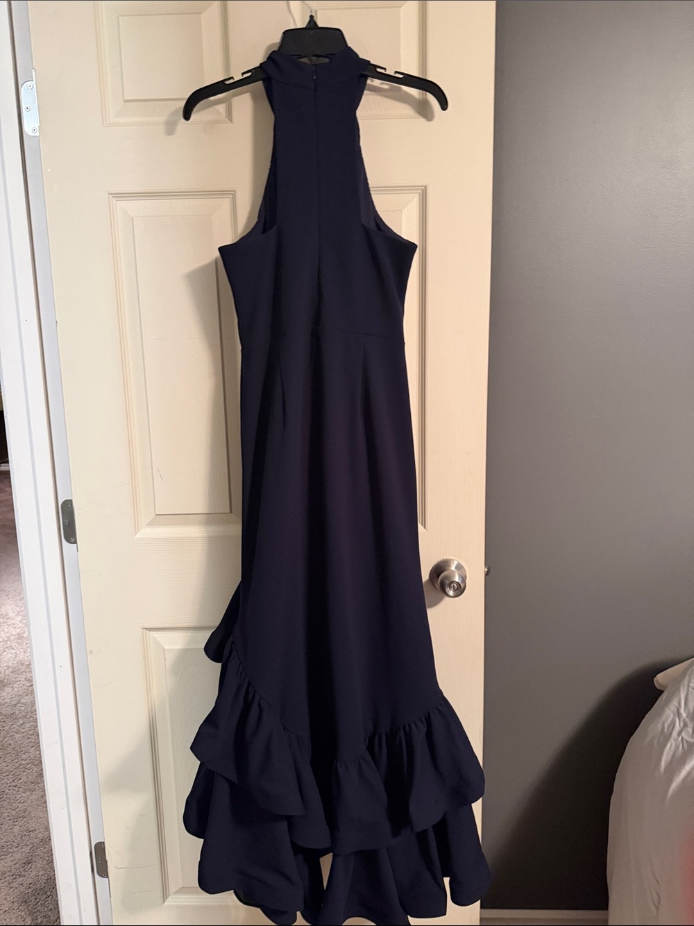 Laura  Navy High-Neck Ruffled High-Low Dress - Picture 5 of 6